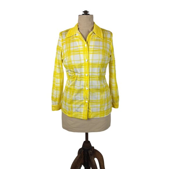 Vintage Tops - Vintage 60s Yellow Blouse Womens Size XL Heart Buttons Mr. Dino Plaid Long Slv